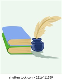 An illustration about education. Two books and an inkwell and a feather for writing. This can be used as a logotype for education and juridical organizations. Vector, isolated.