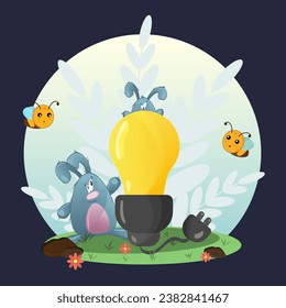 An illustration about energy conservation. Conservation of nature and wildlife. Plants and rocks, hares and bees. A light bulb turned off. Illustration. Vector. EPS10