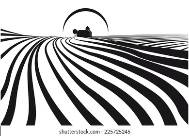 Illustration about farmlands with a building in the background. May be a winery and its vineyards. Illustration sketch style modern and actual in black and white