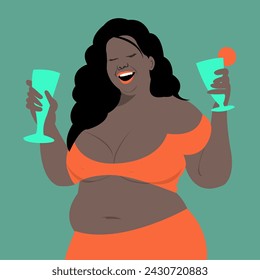 illustration about a fat dark-skinned woman having fun at a party. The image works on concepts such as: Diversity, inclusion, self-love, empowerment, feminism, freedom