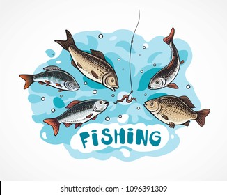 Illustration about fishing in cartoon style, flock hungry fish attack to the a hook (bait).