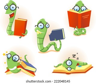 Illustration about a funny bookworm set, with Bookworm Worm book Story telling Studying Eating Reading set vector illustration. 