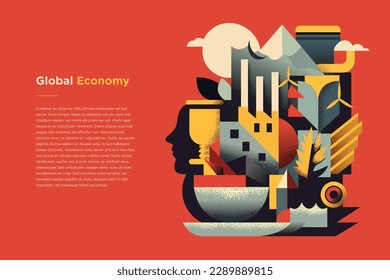 Ilustración sobre la economía y los negocios mundiales al estilo del cubismo geométrico moderno, retrato ambiental, rango tonal cálido, ilustración, industrialización, uso fuerte del espacio negativo