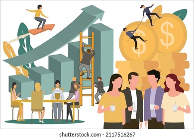 Illustration about a group of people relaxed discussion with a cup of tea, the background of 3 people going upstairs, discussion group with chart board. pile of dollar coins. Manager meeting concept.