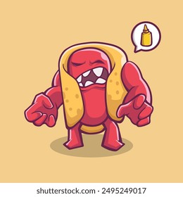 Illustration about a hot dog being angry because there is no sauce 