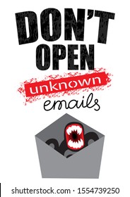 Illustration about information security with text: Don't open unknown emails. Prevention risk of infection your computer. Blank A4 format 