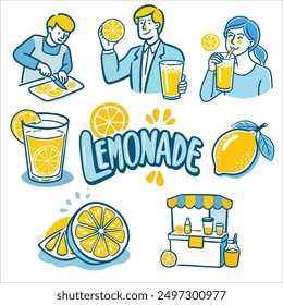 An illustration about lemonade could depict a tall, chilled glass overflowing with a bright yellow, tangy liquid, accompanied by a wedge of fresh lemon to heighten the thirst-quenching appeal.