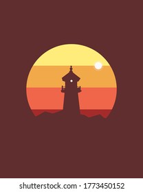 An illustration about the lighthouse and the shinny sun landscape vector design.