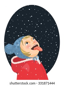 Illustration about little girl catching snowflakes with her tongue on a ellipse background. Let it snow.