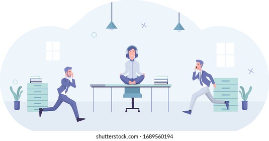 Illustration about meditation at work and frustrating situations at work. Can be used website or social media content.