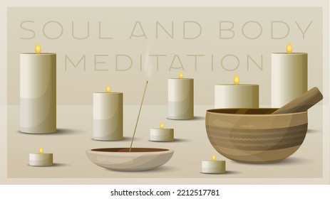 Illustration about meditation, yoga studio, relaxation spa procedures.  Meditative background in beige colors. Tibetan singing bowl, candles