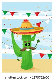 an illustration about mexico with a cactus in a hat