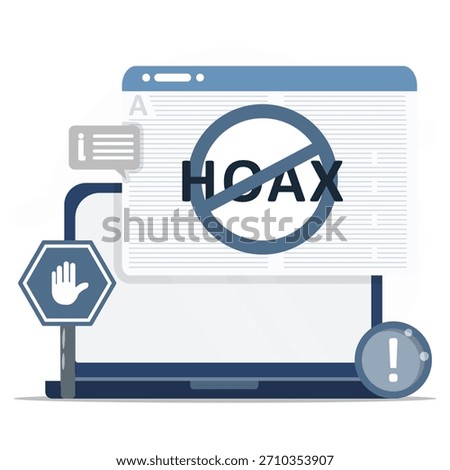 Illustration about misinformation prevention showing a no hoax symbol, warning icons, and a laptop interface. Promoting fact checking and safe online information.