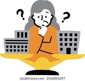 An illustration about money in which a senior woman who invests in real estate and stocks is weighing the options
