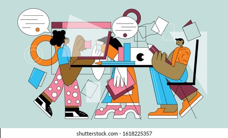 Illustration about multicultural dream team of manager designer and developer dream team working in office on geometrical background with scrum technics and idea generation