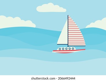 Illustration about the ocean, with a boat or boat in white and red tones, sailing through the blue waves and with a blue sky with clouds on a summer day