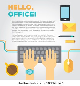 Illustration about office or co working life with typing hands and stuff. Modern flat vector illustration with place for text. Layered file