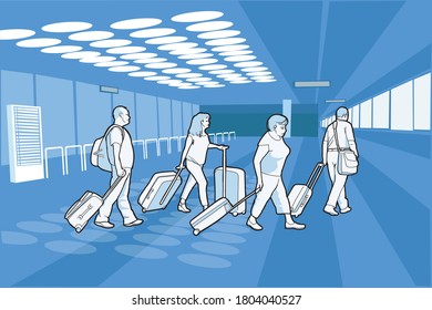 Illustration about people at an airport laden with suitcases returning from vacation