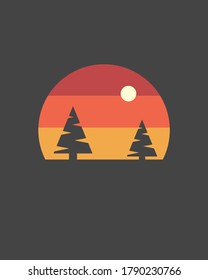 An illustration about pine wood tree with beautiful sky panorama and sun, moon icon landscape vector design.