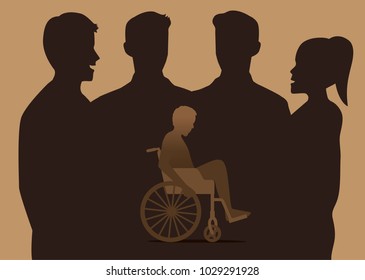 Illustration about pressure of socialization of disabled man from one around. Negative feeling of abnormal people.