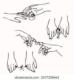 Illustration about the red thread of fate, couple holding hands