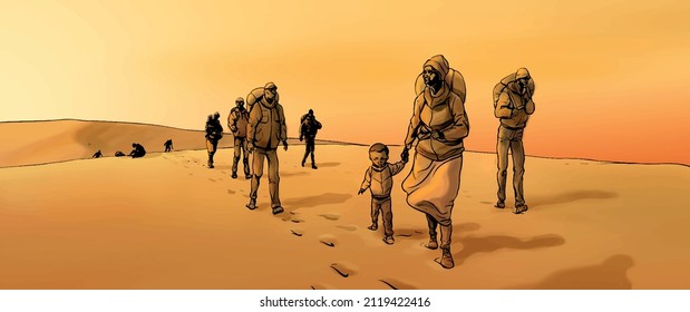 Illustration about refugees immigrants crossing the desert. Comic style.