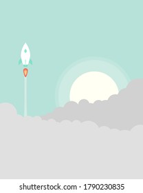 Ilustración del lanzador de cohetes al espacio con un gran paisaje de diseño de vectores de sol y luna.