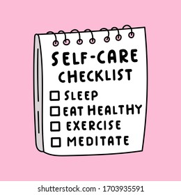 Illustration about self-care. Hand drawn checklist on pink background.