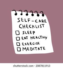 Illustration about self-care. Hand drawn checklist.