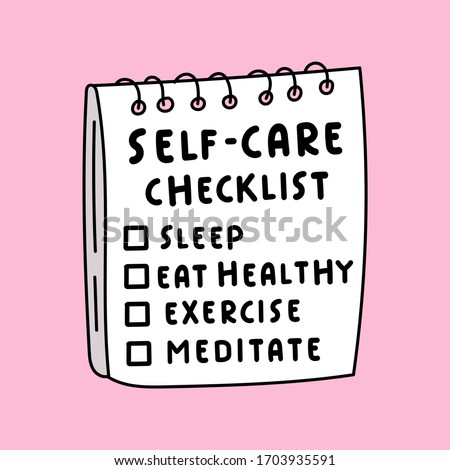 Illustration about self-care. Hand drawn checklist on pink background.