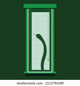 Illustration about the shadow of a snake outside the window in the early morning reflected on the curtains. Overall color is green