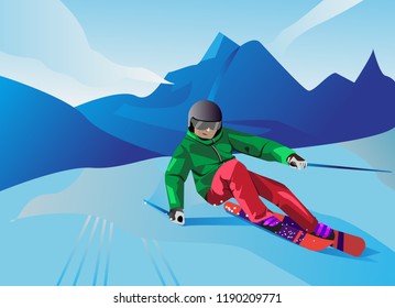 illustration about skiing in winter with flat design vector 
