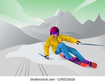 illustration about skiing in winter with flat design vector 