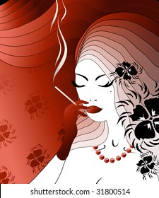 The illustration about smoking long cigarette secular noblewoman