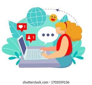 Illustration about social distance.  Woman sits at a laptop and talks with people on social media and the Internet with messages and notification. Banner about online communication.