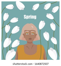
Illustration about spring with a girl and tulips
