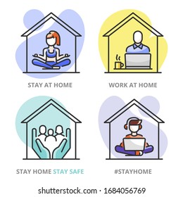 Illustration about stay at home, stay safe. Work at home. Coronavirus prevention. Confinement measure, quarantine, social distancing