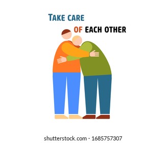 an illustration about supporting each other in difficult times. Embrace your neighbor, support your relatives and friends. world unite