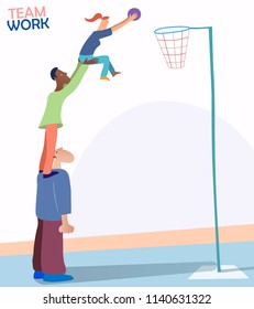 Illustration About Teamwork And Team Spirit. Three Persons Of Different Races And Genders Playing Basketball. Nice Metaphoric Picture Representing People Achieving A Common Goal. Vector Eps10.