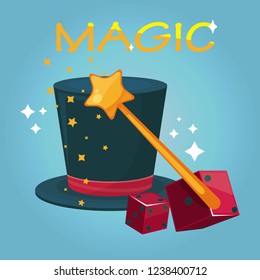 an illustration about tricks with a magician's hat and dices