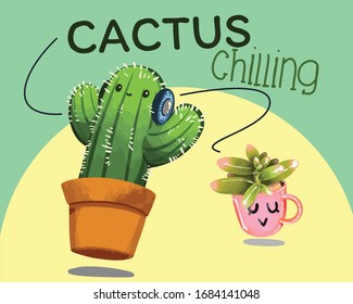 Illustration about two cute cactus and succulent plants dancing. The cactus is listening to the music. And both trees have a very happy face on this activity