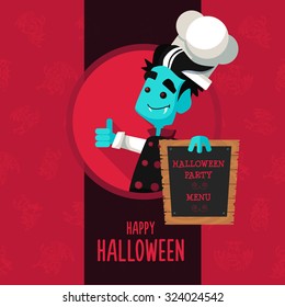 Illustration about vampire chef for Halloween menu, party or cards in style flat