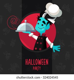 Illustration about vampire chef for Halloween menu, party or cards in style flat