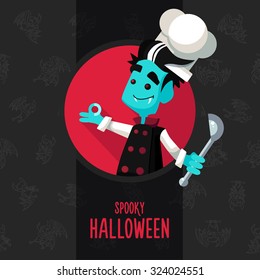 Illustration about vampire chef for Halloween menu, party or cards in style flat