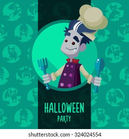 Illustration about vampire chef for Halloween menu, party or cards in style flat