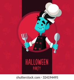 Illustration about vampire chef for Halloween menu, party or cards in style flat