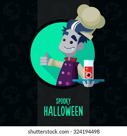 Illustration about vampire chef for Halloween menu, party or cards in style flat