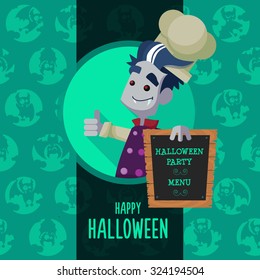 Illustration about vampire chef for Halloween menu, party or cards in style flat