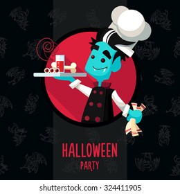 Illustration about vampire chef for Halloween menu, party or cards in style flat