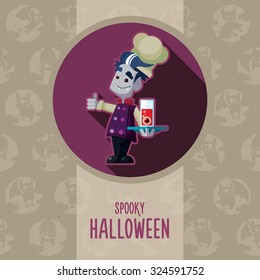 Illustration about vampire chef for Halloween menu, party or cards in style flat